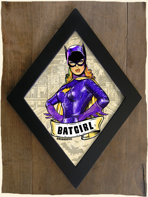 Batgirl. ilustracion enmarcada en forma de diamante, creado por BwanaDevil. Batgirl, mujer murcielago, batman, gotham city, superheroina, heroina, custom art, comic art, lowbrow art, dc comics, tattoo art, marco diamante, marco madera, hecho a mano en españa, madrid, bwanadevil, bwanadevil art, decoracion hogar, poster pared, poster enmarcado 
